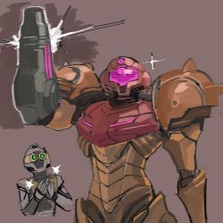  1boy 1girl 33dot arm_cannon armor clapping galactic_federation_trooper green_eyes helmet metroid metroid_prime_4:_beyond myles_mackenzie power_suit_(metroid) purple_visor samus_aran third_eye weapon 