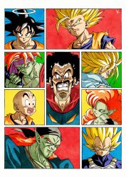  1girl 6+boys afro bald bandana black_bandana black_eyes black_hair blonde_hair blue_eyes bojack closed_mouth colored_skin commentary_request dougi dragon_ball dragon_ball_z earrings facial_hair gokua green_skin halo highres jewelry kakeru_(dbskakeru) kuririn long_hair mr._satan multiple_boys mustache open_mouth orange_hair pointy_ears smile snot son_gohan son_goku spiky_hair super_saiyan super_saiyan_1 super_saiyan_2 sweatdrop teeth trunks_(dragon_ball) trunks_(future)_(dragon_ball) upper_body vegeta zangya 