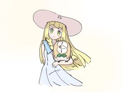  01koooiocha17 1girl blonde_hair braid closed_mouth commentary dress green_eyes hat highres lillie_(pokemon) long_hair looking_at_viewer pokemon pokemon_(creature) pokemon_on_arm pokemon_sm rowlet sleeveless sleeveless_dress smile symbol-only_commentary twin_braids white_background white_dress white_hat 