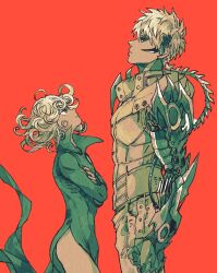  1boy 1girl black_sclera blonde_hair closed_mouth colored_sclera commentary crossed_arms curly_hair cyborg dress from_side genos green_dress height_difference long_sleeves looking_at_another mechanical_arms mechanical_hands one-punch_man popped_collar red_background shino_(shino_dgs) short_hair simple_background standing symbol-only_commentary tatsumaki yellow_eyes 