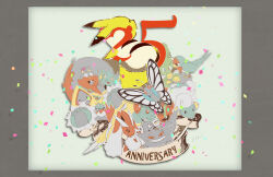  1other accelgor anniversary bird black_sclera blue_fur border brown_fur budew bug butterfly butterfree colored_sclera confetti crabominable furry gengar ghost greedent grey_border grin isutai limited_palette looking_at_viewer lopunny magnemite mareep metapod pikachu pink_eyes pokemon pokemon_(creature) red_eyes sheep shinx simple_background smile snorunt taillow tentacool two-tone_fur upper_body white_background white_fur yellow_eyes yellow_fur 