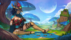  1girl absurdres amulet armor armored_boots bandaged_arm bandaged_leg bandages belt bioluminescence birdhouse blue_hair boots breasts brooch brown_skirt cape commentary commission dalejomej dang_(runescape) duellist's_cap_(tier_6) english_commentary fingerless_gloves forest gem giant_mushroom giant_tree gladiator gloves glowing glowing_hat glowing_mushroom grass green_belt green_cape green_nails hair_between_eyes hat highres jewelry leotard long_bangs long_hair market market_stall medium_breasts moss mushroom mycelium nature necklace old_school_runescape open_mouth orange_eyes original outdoors poleyn red_leotard ring rug runescape scenery second-party_source sigil skirt sky smile solo spiked_ear_piercing spiky_hair star_(sky) starry_sky sun_symbol thick_eyebrows tree yellow_eyes 