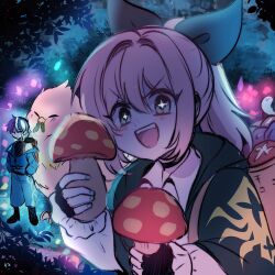  +_+ 1boy 1girl :d animal bird black_gloves cape commentary double-parted_bangs english_commentary fingerless_gloves forest gloves green_cape green_eyes hair_between_eyes highres holding holding_mushroom long_sleeves looking_at_viewer medium_hair mushroom nature open_mouth original oversized_animal pink_hair ryuuxin shirt smile solo_focus upper_body v-shaped_eyebrows white_shirt 