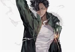  1boy alternate_skin_color arm_up black_hair commentary_request dark-skinned_male dark_skin fur-trimmed_jacket fur_trim green_jacket haikyuu!! hair_over_one_eye jacket kuroo_tetsurou male_focus sato_(sato_1_11) shirt short_hair solo unzipped upper_body v-shaped_eyebrows white_shirt 