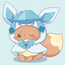  animal_focus animal_hood blush brown_eyes brown_fur cosplay eevee glaceon glaceon_(cosplay) hood hood_up kana_(maple926) looking_at_viewer no_humans one_eye_closed pokemon pokemon_(creature) pokemon_focus pout simple_background tail 