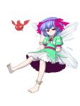  1girl anklet arm_behind_back barefoot blue_hair choker creature dress elfin_mint frown hairband highres jewelry original pale_skin puffy_sleeves red_eyes short_hair solo teitoku touhou white_background wings 