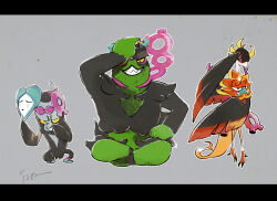  animal_focus bird black_border black_feathers black_fur blue_fur border colored_sclera feathers fezandipiti full_body green_fur grey_background grin holding holding_mask isutai looking_at_viewer mask munkidori no_humans okidogi orange_feathers pokemon pokemon_(creature) sharp_teeth simple_background sitting smile standing talons teeth yellow_sclera 