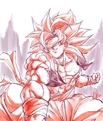  1boy blue_eyes blue_sash body_fur dougi dragon_ball dragon_ball_gt dragon_ball_z_dokkan_battle gogeta highres long_hair male_focus metamoran_vest monkey_boy monkey_tail muscular muscular_male ota_ta999 pants pectorals red_fur red_hair saiyan sash simple_background sketch smirk solo spiky_hair super_saiyan super_saiyan_4 tail 