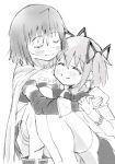  2girls blood cape collarbone cuts gloves hair_ribbon holding_hands hug injury kaname_madoka magical_girl mahou_shoujo_madoka_magica miki_sayaka monochrome multiple_girls ribbon school_uniform short_hair short_twintails smile tears twintails wokami 