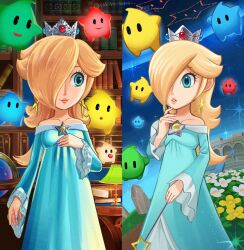  1girl absurdres bare_shoulders blonde_hair blue_dress blue_eyes brooch collarbone dress earrings evening_gown hair_flaps hair_over_one_eye highres holding holding_wand jewelry long_hair long_sleeves luma_(mario) off-shoulder_dress off_shoulder rosalina sasaki_sakiko silver_crown star_(symbol) star_brooch star_earrings star_wand super_mario_bros. super_mario_galaxy the_super_mario_galaxy_movie wand 