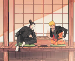  2boys architecture barefoot black_hair black_pants black_shirt blonde_hair board_game closed_eyes east_asian_architecture facial_mark fishnet_top fishnets full_body geonseung grin hand_on_own_chin head_on_hand indian_style male_focus multiple_boys nara_shikamaru naruto_(series) orange_pants pants ponytail shirt shogi short_hair sitting smile spiky_hair sweatdrop teeth uzumaki_naruto whisker_markings 