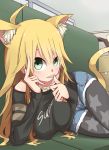  1girl :p animal_ears breasts cat_ears cat_tail ekusiregaia green_eyes hoshii_miki idolmaster jewelry large_breasts looking_at_viewer lying necklace on_side pantyhose solo star_print tail tongue 