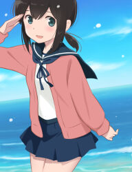  1girl aikawa_(hira1126) azuki-iro black_hair blue_eyes blue_neckerchief blue_sailor_collar blue_skirt blue_sky cardigan clouds commentary_request cowboy_shot day dutch_angle fubuki_(kancolle) happy_birthday highres kantai_collection long_hair long_sleeves low_ponytail neckerchief open_cardigan open_clothes outdoors pink_cardigan pleated_skirt ponytail sailor_collar salute school_uniform serafuku shirt short_ponytail sidelocks skirt sky solo water white_shirt 