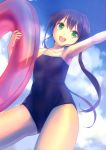  1girl absurdres arm_up armpits brown_hair clouds from_below green_eyes highres innertube long_hair one-piece_swimsuit open_mouth original school_swimsuit sky smile solo swimsuit takoyaki_(roast) twintails 