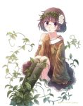  1girl blush brown_hair dress finger_to_mouth flower glasses hair_flower hair_ornament leaf looking_at_viewer off_shoulder open_mouth original sitting solo tears transformation vines violet_eyes watermark yakka 