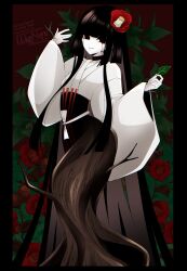  1girl black_eyes black_hair blunt_bangs breasts choker eyeliner fate/grand_order fate_(series) flower full_body hair_flower hair_ornament highres japanese_clothes kimono komahime_(fate) long_hair long_sleeves looking_at_viewer makeup obi sash small_breasts smile solo very_long_hair wagu_neru white_kimono wide_sleeves 