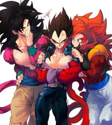  black_hair blue_eyes blue_sash blue_vest body_fur closed_mouth dougi dragon_ball dragon_ball_gt gloves gogeta highres long_hair male_focus metamoran_vest monkey_boy monkey_tail multiple_boys muscular muscular_male no_nipples ommmyoh open_clothes open_mouth open_vest pants pectorals red_fur red_hair saiyan sash son_goku spiky_hair super_saiyan super_saiyan_4 tail twitter_username vegeta vest yellow_pants 