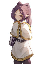  1girl belt black_belt black_hair black_pantyhose black_shirt blush book capelet commentary cosplay cowboy_shot earrings english_commentary frieren frieren_(cosplay) gold_trim high_collar highres holding holding_book hololive hololive_english jewelry long_hair long_pointy_ears malvar mole mole_under_eye ninomae_ina&#039;nis pantyhose pointy_ears shirt simple_background skirt solo sousou_no_frieren striped_clothes striped_shirt thick_eyebrows v-shaped_eyebrows virtual_youtuber white_background white_capelet white_skirt 