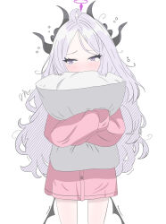  1girl absurdres ahoge blue_archive blush breasts demon_girl demon_horns demon_wings halo highres hina_(blue_archive) horns hugging_object long_hair low_wings pajamas pillow pillow_hug runarie simple_background small_breasts solo standing very_long_hair violet_eyes white_background white_hair wings 