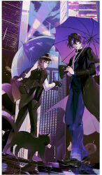  2boys anotokino_kame aqua_shirt aventurine_(honkai:_star_rail) black_cat black_gloves black_jacket black_pants blonde_hair blue_suit card cat city collared_shirt dr._ratio_(honkai:_star_rail) formal_clothes gloves hair_between_eyes hair_ornament holding honkai:_star_rail honkai_(series) jacket leaf_hair_ornament long_sleeves looking_at_viewer male_focus multiple_boys necktie pants playing_card purple_hair rain shirt short_hair smile suit suit_jacket umbrella white_necktie white_shirt white_suit 