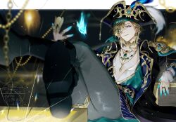  1boy aqua_shirt aventurine_(honkai:_star_rail) black_boots black_coat blonde_hair blue_gemstone boots coat coin collared_shirt earrings eyepatch gem gold_choker gold_coin gold_ring green_gemstone grey_pants hair_between_eyes hat hat_feather headscarf highres holding holding_coin honkai:_star_rail honkai_(series) jewelry leather_belt long_sleeves looking_at_viewer male_focus multicolored_eyes necklace open_clothes open_coat open_shirt pants pirate pirate_costume pirate_hat red_gemstone shirt short_hair smile spriiiiiiing tricorne two-tone_eyes will-o&#039;-the-wisp_(mythology) 
