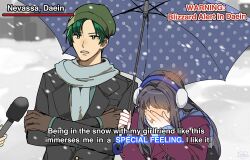  1boy 1girl astrid_(fire_emblem) black_hair blush commission commissioner_upload contemporary crossed_arms earmuffs embarrassed english_text facepalm fire_emblem fire_emblem:_radiant_dawn green_hair holding holding_umbrella meme non-web_source pomme_(lazzledazzle) snow snowing sothe_(fire_emblem) special_feeling_(meme) subtitled umbrella yellow_eyes 