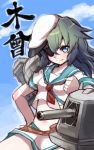  1girl blue_eyes blush eyepatch green_hair hat highres kantai_collection kiso_(kantai_collection) long_hair midriff navel personification sailor_collar smile solo tonami_kanji 