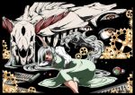  1girl animal_skull ball beachball black_background border breasts dress ex-keine eyeballs gears green_hair head_rest highres horns kamishirasawa_keine long_hair long_sleeves looking_at_viewer lying marble on_side potato_pot red_eyes ribbon scroll simple_background skeleton solo tail touhou very_long_hair 