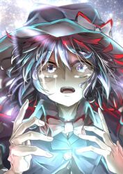  1girl black_capelet black_eyes black_hair black_hat bow bowtie capelet collar crying hair_between_eyes hat hat_bow light_rays muraryo open_mouth remembering shirt short_hair sky solo star_(sky) starry_sky tears touhou usami_renko white_bow white_bowtie white_collar white_shirt 