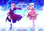  2girls coat dual_persona elbow_gloves fate/kaleid_liner_prisma_illya fate/stay_night fate_(series) feathers gloves hair_feathers hat illyasviel_von_einzbern kaleidostick long_hair magical_girl multiple_girls prisma_illya red_eyes scarf thighhighs ty_1865 white_hair 