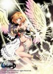  1girl angel_wings armpits bare_shoulders blush breasts choker cleavage garters gauntlets green_eyes jewelry magic midriff navel necklace open_mouth orange_hair panties ratio_(ratio-d) shiny shiny_skin short_hair side-tie_panties smile solo spotlight underwear unleashed wings 