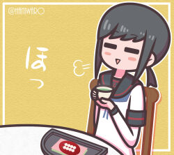  anchor_symbol black_hair black_sailor_collar blue_neckerchief blush_stickers border chair chibi closed_eyes commentary_request cup dango food fubuki_(kancolle) fubuki_kai_ni_(kancolle) haniwaro happy_birthday highres holding holding_cup kantai_collection layered_sleeves long_sleeves low_ponytail medium_hair neckerchief on_chair open_mouth outline outside_border paper_texture ponytail sailor_collar shirt short_over_long_sleeves short_sleeves sidelocks sitting table teacup tray triangle_mouth twitter_username upper_body wagashi white_border white_outline white_shirt yellow_background 