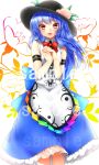 1girl blue_hair blush bow dress flower food food_themed_clothes frills fruit hands_together hat highres hinanawi_tenshi kanzaki_maguro long_hair open_mouth orange_eyes peach sample see-through sleeveless smile solo touhou 