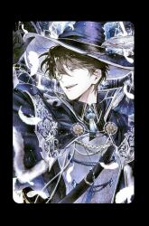  1boy :d belt bird black_gloves black_hair black_shirt brooch cape collared_shirt dove falling_feathers feathers gloves grin hair_between_eyes hand_up hat hat_feather highres jewelry kim_dokja male_focus motion_blur omniscient_reader's_viewpoint shirt short_hair smile solo too_many too_many_birds toupou39 upper_body wizard 