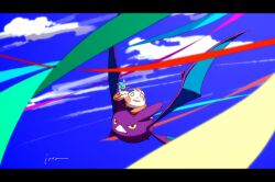  @_@ bat_(animal) black_border blue_sky border colored_sclera crobat flying full_body green_ribbon isutai looking_at_viewer no_humans orange_fur outdoors panda pokemon pokemon_(creature) red_eyes red_ribbon ribbon simple_background sky spinda wings yellow_fur yellow_sclera 
