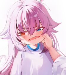  1girl absurdres blue_archive blush cheek_pinching cheek_pull fang fujiwarahatsune hair_between_eyes hand_on_another&#039;s_cheek hand_on_another&#039;s_face heterochromia highres hoshino_(blue_archive) long_hair looking_at_viewer mouth_pull open_mouth pinching pink_hair pov pov_hands shirt skin_fang solo_focus sweatdrop white_background 