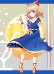  1girl blue_eyes blush capri_pants dress flat_chest food food_themed_clothes fruit mandarin_orange orange_hair orangina personification ru-ji sandals short_hair short_sleeves shorts_under_dress smile solo striped striped_pants wrist_cuffs 