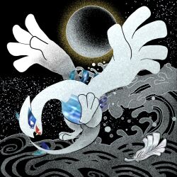  black_background bright_pupils commentary_request fangs full_body highres lugia moon no_humans open_mouth pokemon pokemon_(creature) satsuki_(pixiv44579273) solo water white_pupils 