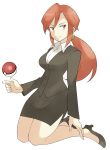  business_suit high_heels highres kanna_(pokemon) kneeling no_glasses poke_ball pokemon ponytail red_eyes redhead skirt souji 