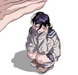  1girl blush brown_shoes busuttt chainsaw_man closed_eyes grey_sailor_collar grey_skirt hair_between_eyes hair_bun hands_on_own_cheeks hands_on_own_face highres loose_socks medium_hair parted_lips purple_hair reze_(chainsaw_man) sailor_collar school_uniform shirt shoes size_difference skirt smile socks squatting updo white_background white_shirt white_socks 