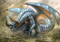  claws commission creature dragon dragon_wings fantasy full_body highres horns kinokokimuti monster monster_focus no_humans original scales sharp_teeth tail teeth western_dragon wings 