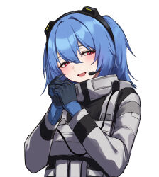  1girl 3_small_spiders absurdres blue_gloves blue_hair blush colphne_(girls'_frontline_2) commentary_request elmo_training_outfit girls'_frontline_2:_exilium girls_frontline gloves grey_background grey_jacket grey_vest highres jacket looking_at_viewer microphone open_mouth red_eyes simple_background smile solo upper_body vest 