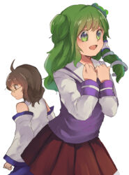  2girls ahoge blue_skirt brown_hair cosplay detached_sleeves excited frog_hair_ornament from_behind glasses green_eyes green_hair hair_ornament highres kochiya_sanae kochiya_sanae_(cosplay) long_sleeves multiple_girls nontraditional_miko official_alternate_costume purple_vest red_skirt school_uniform serafuku shirt short_hair shukinuko skirt sleeveless snake_hair_ornament touhou upper_body usami_sumireko usami_sumireko_(cosplay) vest white_shirt 