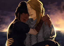  1boy 1girl arm_around_neck arm_guards arrapso bemelle black_hair blue_vest blurry blurry_background brown_eyes brown_hair carrying closed_eyes crying crying_with_eyes_open dark-skinned_female dark_skin day grey_vest hair_bun hand_on_another's_back hand_on_another's_leg head_on_another's_shoulder highres horizon hug kikka_the_steadfast lake_of_voices non-web_source official_art princess_carry sidelocks sunrise tears upper_body vest water 