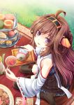  1girl ahoge akashio_(loli_ace) blush breasts brown_hair cake cookie cup cupcake detached_sleeves food from_above grass hairband kantai_collection kongou_(kantai_collection) long_hair looking_at_viewer open_mouth personification plate sitting skirt slice_of_cake smile solo teacup teapot thighhighs tongs violet_eyes wariza wide_sleeves 