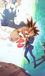  2boys armlet atem belt black_hair blonde_hair blue_cape blue_jacket blue_pants bracelet broken broken_chain broken_necklace cape chain chain_necklace commentary_request dark-skinned_male dark_skin hand_on_another&#039;s_cheek hand_on_another&#039;s_face jacket jewelry male_focus millennium_puzzle multiple_belts multiple_boys muto_yugi necklace pants red_hair shadow skyfiss spirit tearing_up tears violet_eyes yu-gi-oh! 