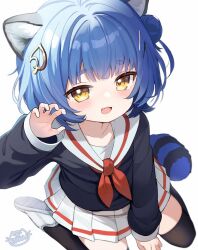  1girl :3 animal_ears black_shirt black_thighhighs blue_hair blush chromashift claw_pose collarbone collared_shirt commentary english_commentary eyelashes fang hair_bun hair_ornament hairclip highres kneeling leaf_hair_ornament long_sleeves neckerchief open_mouth perspective poko_rakun raccoon_ears raccoon_girl raccoon_tail red_neckerchief sailor_collar shirt shoes short_hair simple_background single_side_bun skirt smile solo spoonillust tail thick_eyebrows thigh-highs virtual_youtuber white_background white_sailor_collar white_shoes white_skirt yellow_eyes 