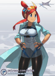  1girl alternate_costume artist_name black_pantyhose blue_coat blue_eyes breasts coat collared_shirt goggles goggles_on_head grey_shorts hands_on_own_hips large_breasts one_side_up orlek pantyhose pantyhose_under_shorts patreon_logo patreon_username pokemon pokemon_bw red_hair shirt shorts ski_goggles skyla_(pokemon) sleeves_rolled_up solo swept_bangs web_address white_shirt 