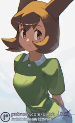  1girl artist_name bianca_(pokemon) brown_eyes brown_hair closed_mouth collared_shirt commentary expressionless eyelashes green_shirt looking_at_viewer orlek patreon_logo pokemon pokemon_(anime) pokemon_(classic_anime) pokemon_heroes:_latios_&amp;_latias shirt short_hair short_sleeves skirt solo watermark web_address 