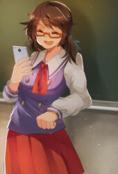  1girl against_wall brown_hair cellphone chalkboard feet_out_of_frame glasses highres laughing long_sleeves low_twintails neck_ribbon no_headwear official_alternate_costume phone red_skirt ribbon sailor_collar school_uniform serafuku shukinuko skirt smartphone solo touhou twintails upper_body usami_sumireko 